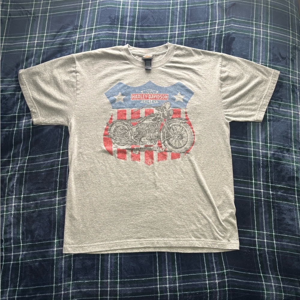 Harley Davidson grey t-shirt w/ front and back graphics.Size L.